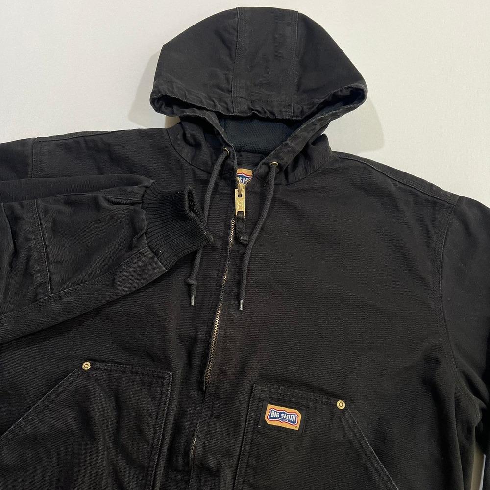 Vintage 90s Big Smith Hooded Work Jacket Black Canvas Duck Active Bomber Large